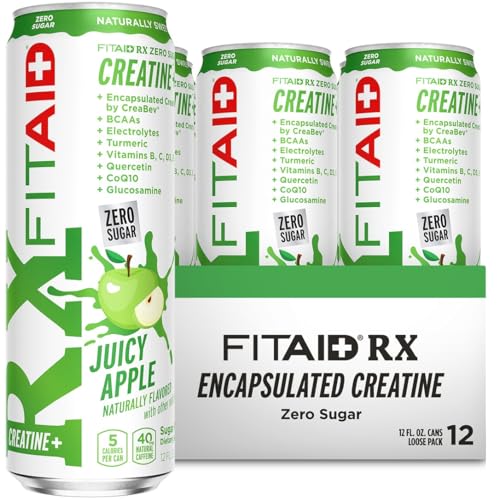 Image of FITAID RX Zero Sugar, Encapsulated Creatine, Workout Recovery Drink, All-In-One Blend, BCAAs, Glucosamine, Turmeric, B-Complex, Naturally Sweetened, Juicy Apple, 12 Fl Oz (Pack of 12)