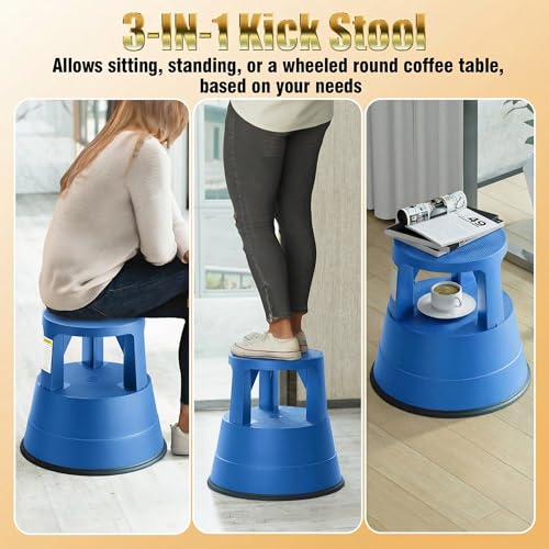 Upgraded Rolling Step Stool with Wheels,550LBS Capacity,Non-Slip Platform&Retractable Casters,Heavy-Duty Round Kick Stool for Library,Kitchen, Office, Garage,Portable for Adults/Seniors (Blue) by FurniCleevor - Used condition - Image 7