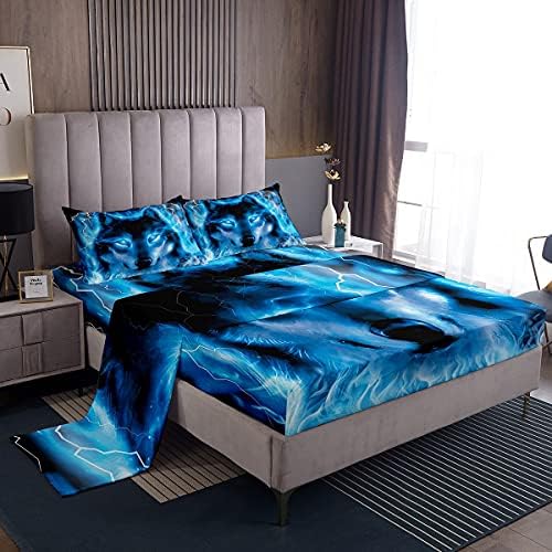 Wolf Bed Sheet Set Safari Animal Bedding Sheets Cool Wildlife Style Fitted Sheet for Boys Girls Kids Bedroom Decor Glitter Blue Wild Wolf Bed Cover With 1 Flat Sheet+ 1 Fitted Sheet+2 Pillowcase Queen