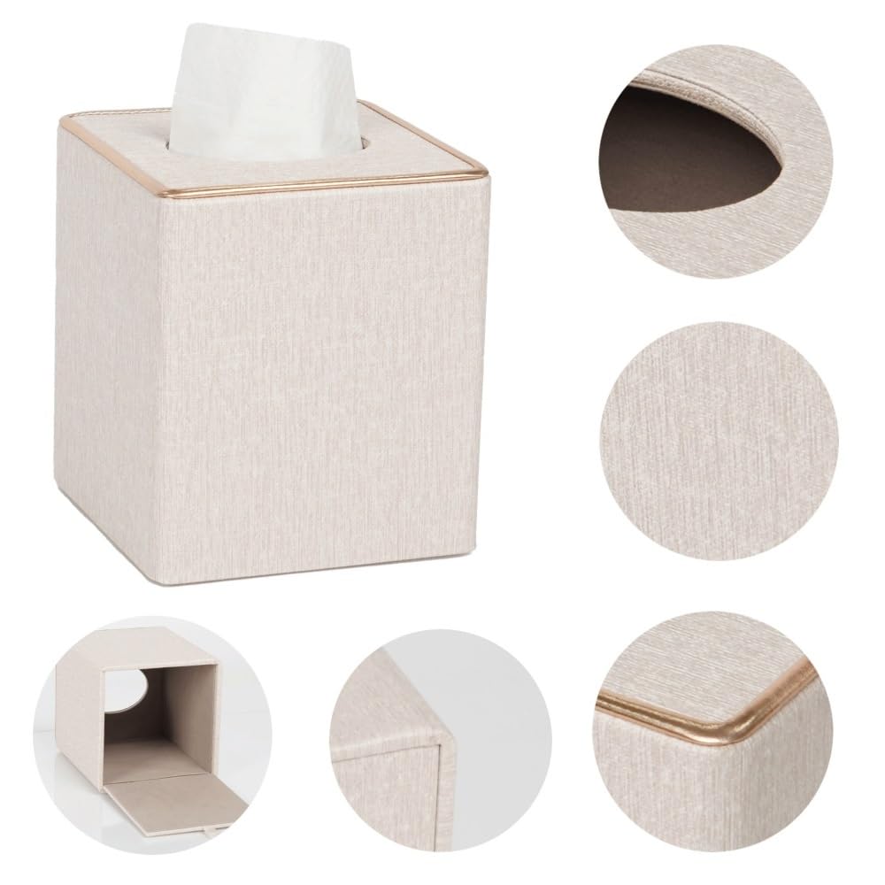 Porta fazzoletti quadrato in lino, organizer decorativo con finiture dorate for bagno, ufficio e casa(White)