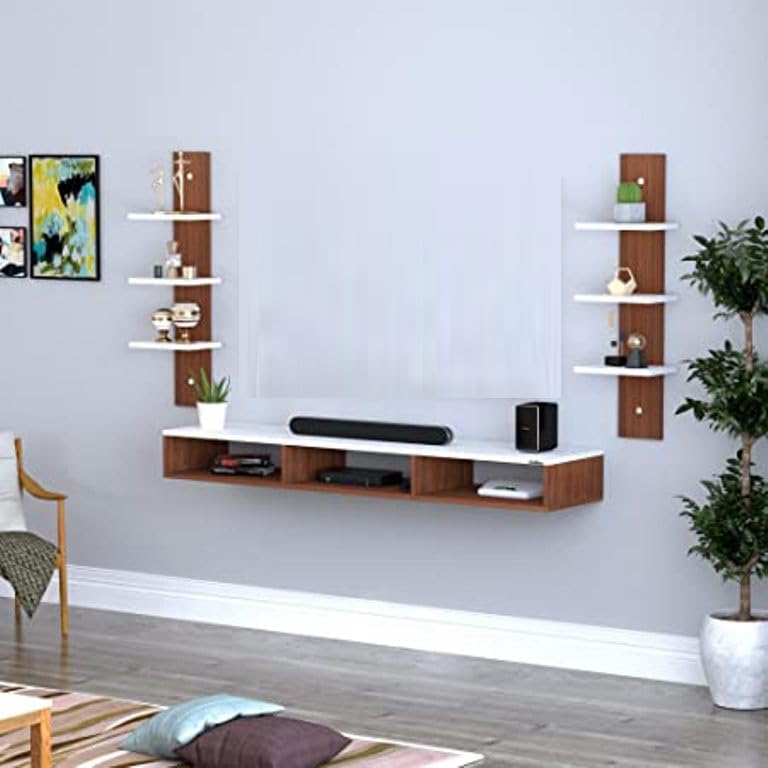 Image of Wooden TV Stand with Side Storage Cabinets | Floor Standing Entertainment Console (Natural Finish)