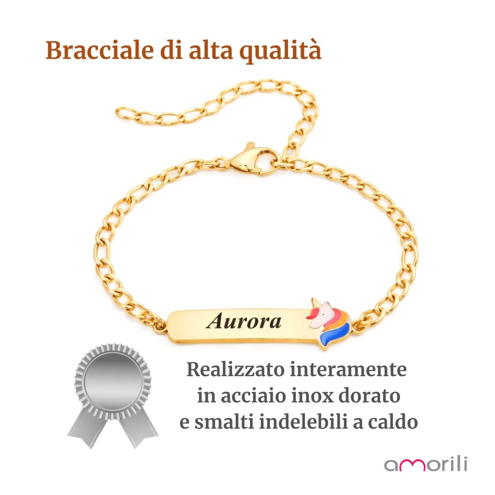 Bracciale Bimba Personalizzato Personalizzabile con Incisione Nome in Acciaio Inox Dorato – Ciondolo Unicorno Smaltato – Braccialetto Bambina Regolabile – Idea Regalo Elegante