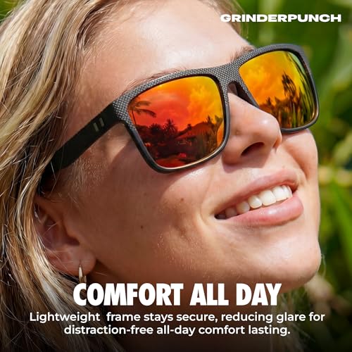 Image of grinderPUNCH Polarized Sunglasses for Men Lightweight TR90 Frame UV400 Protection Square Sun Glasses for Driving Fishing Golf (Red)