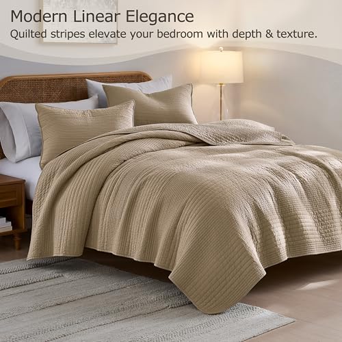 Image of palassio Striped Dark Beige 100% Cotton Quilt Queen Size Bedding Sets, Lightweight Crinkly Channel Pick Stitch Textured Bedspread Soft Shabby Chic Farmhouse Country Coverlet for All Season, 2 Shams