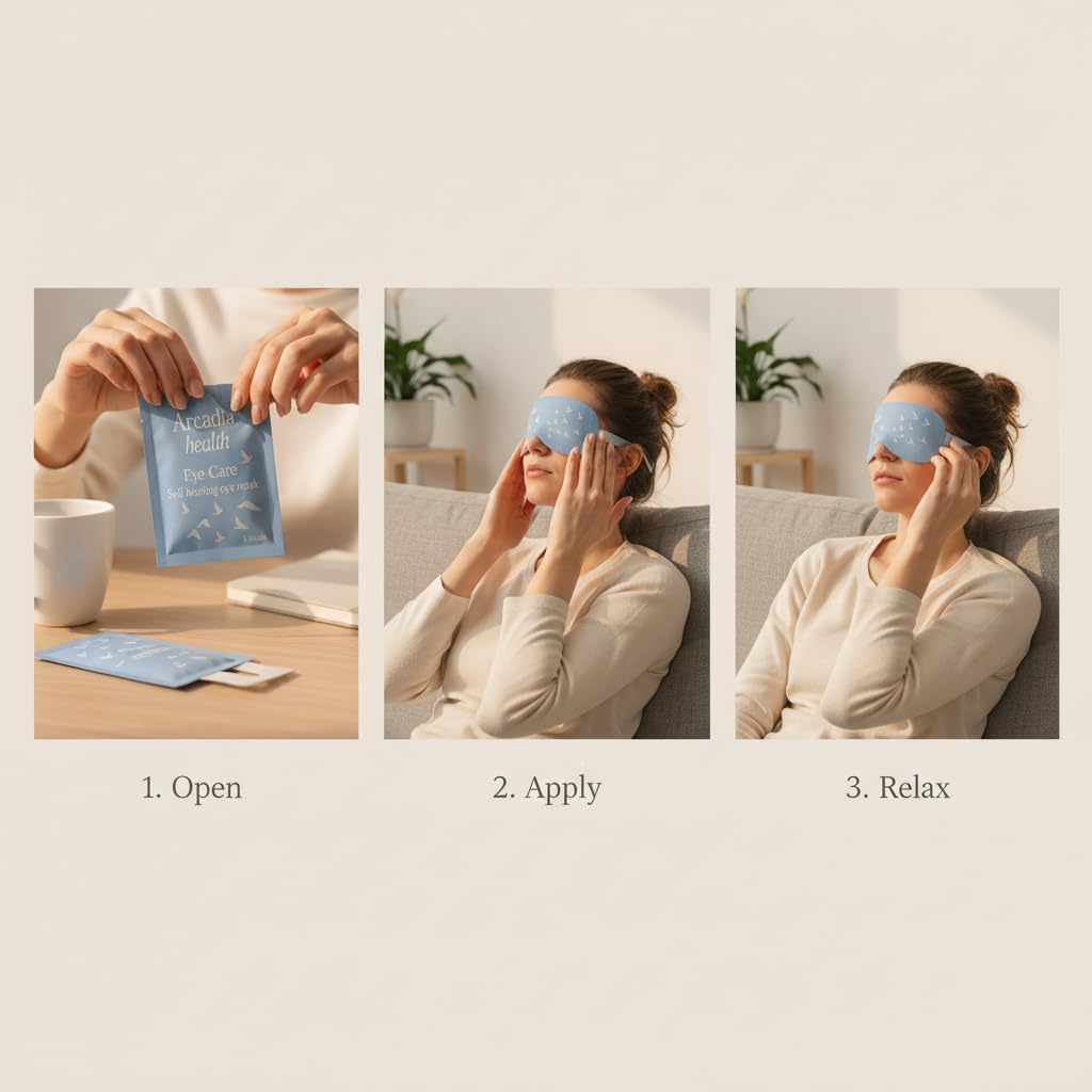 Arcadia Health Self-Heating Mask – 30 Single-Use Warm Compresses for Dryness, Puffiness & Migraine Relief – Soothing Steam Mask for Relaxation, Sleep Support & Under-Eye Care - Image 2