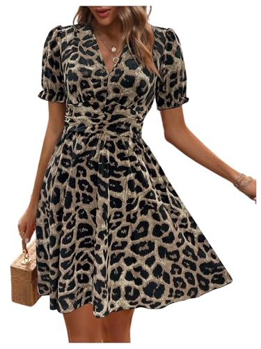 Image of GORGLITTER Leopard Print Dresses for Women UK V Neck Puff Short Sleeve Smocked Flared Flowy Mini Elegant Dress Black X-Large