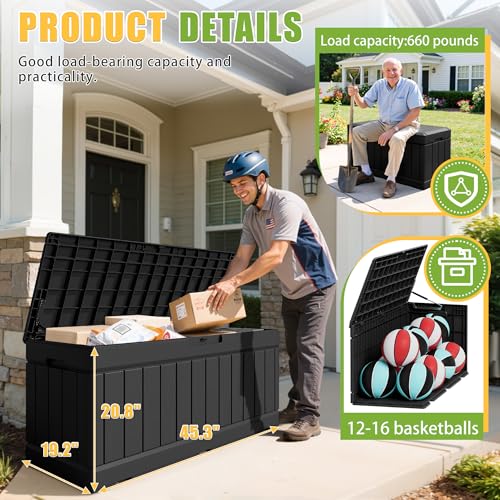 Image of Greesum Outdoor Storage Box 82 Gallon Storage Bin with Lid for Patio Furniture, Garden Tools, Pool Supplies, Waterproof and UV Resistant, Lockable, Black