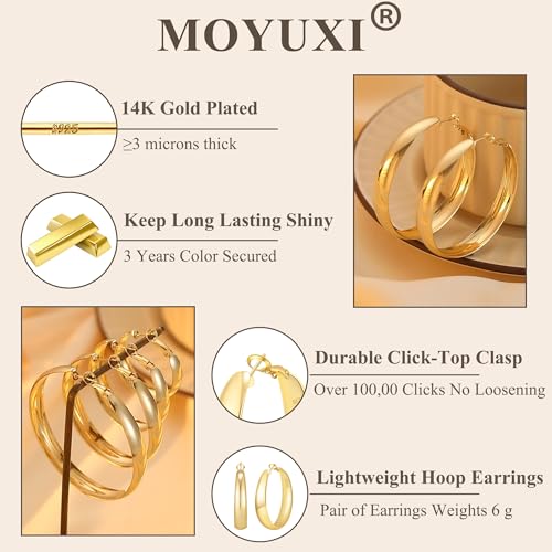 5-8mm Tapered Design Thick Large Hoop Earrings for Women Trendy Hypoallergenic 925 Sterling Silver Post 14K Gold Hoop Earrings Non Tarnish Lightweight Big Chunky Gold Hoops 30/40/50/60MM3