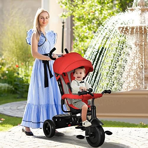 Maxmass Kids Pedal Tricycle, Baby Ride-On Stroller with Adjustable Removable Canopy, Foldable Footrest & Parent Handle, Double Brake Push Trike for Garden, Home and Supermaket (Red)