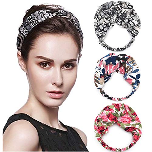 Catery Boho Headbands Criss Cross Headband Headpiece Stylish Floal Style Head Wrap Hair Band Vintage Cotton Elastic Fabric Hairbands Fashion Hair Accessories for Women(Pack of 3) (Gorgeous)