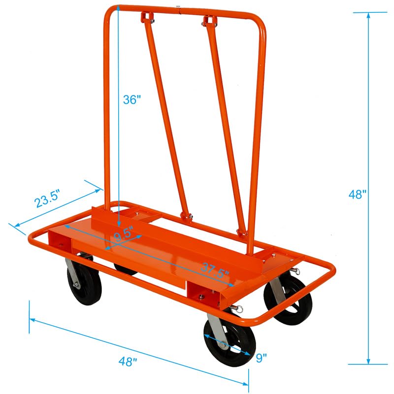 Heavy Duty Drywall Cart, 2400LBS Load Capacity Panel Dolly Service Cart with 8” Rubber Wheels of 4, Drywall Sheet Cart & Drywall Sheet Cart for Plywood, Sheetrock Sheet Panel, Wood Panel- Orange