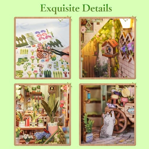 Image of Tonecheer DIY Book Nook Kit for Adults, Booknook Wooden 3D Puzzle Bookend Miniature House Kit, Fantasy Bookshelf Decor with Sensor LED Light Gifts for Birthday Valentine's Day (Flower Shop)