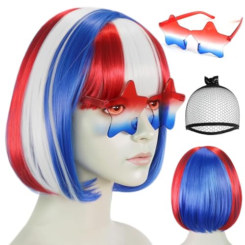 ANOGOL Hair Cap+ (Sunglasses) Blue Red and White Bob Wig 4th of July Wig Synthetic Hair Short Patriotic Wigs for Independence Day Blue Red White Flag Wigs for Halloween Party Costume Outfit
