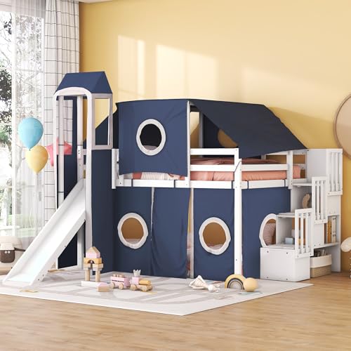 Merax Low Loft Bed Full Size with Slide and Storage Stairs, Wood Loft Bed with Tent & Tower, for Boys & Girls, Blue