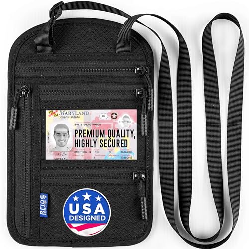 MIFFLIN Cartera de Cuello Porta Pasaporte, Bolsa de Viaje Negra con Seguridad de Bloqueo RFID, Bolsa Halter Antirrobo con Múltiples Compartimentos