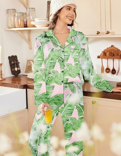Image of Ekouaer Womens Satin Pajama Set Classic Pattern Silky Pj Sets Button Down Sleepwear Loungewear