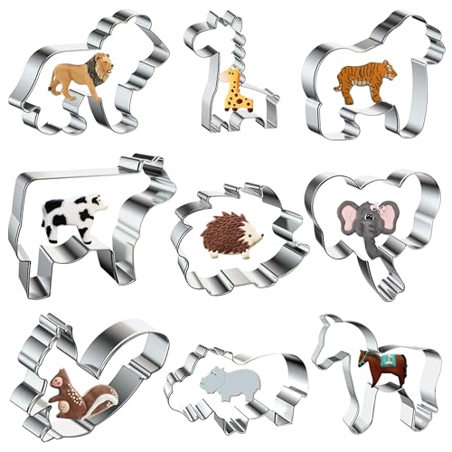 Singare 9 Pcs Animal Cookie Cutters Set, Stainless Steel Wildlife Cookie Cutters Shapes Horse Lion Giraffe Tiger Biscuit Cutters Molds For Baking Homemade Treats Zoo Themed Birthday Party Supplie
