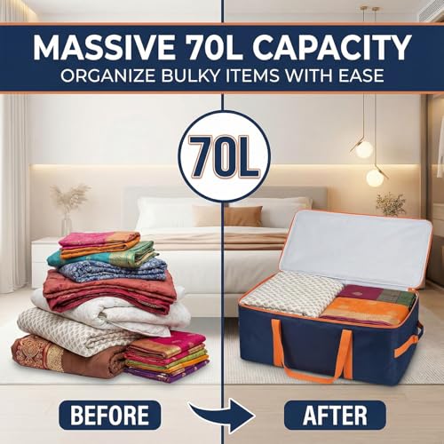 Image of EASY HOME 70 litre Under bed Storage Bags for Clothes | Cloth Storage Organizer with Zip Closure | Wardrobe Bag for Sarees, Quilts & Blankets | Moisture Proof Nylon Cover Bag (54x46x28 cm, Medium)