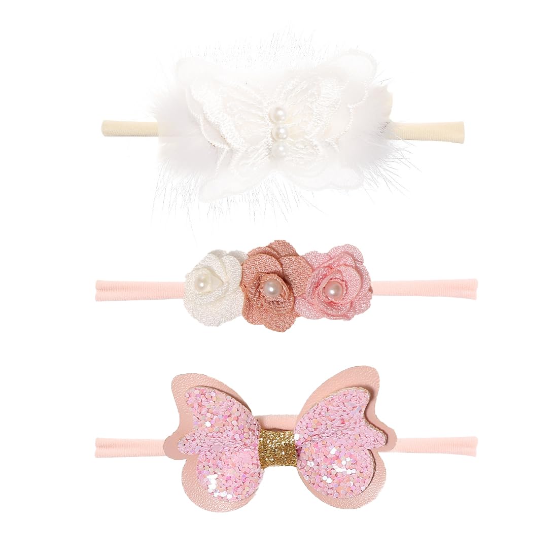 VBSJAH Diademas para Bebés Recién Nacidos, Diadema de Flores Bebe Niña Elásticas de Nailon Suave 0-3 Años, Turbante Pelo con Flor Encaje, Bandas para el Pelo para Niña Fotografía Partido(3 Pcs)