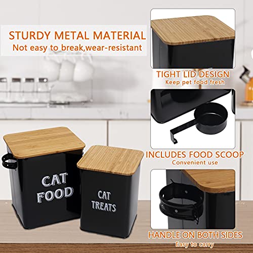 Cat Food And Treats Containers Set With Scoop For Cats Or Dogs -Tight Fitting Wood Lids - Coated Carbon Steel - Storage Canister Tins-Cat-Black #TOP1