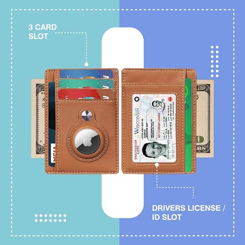 Leather AirTag Wallet Genuine Leather Air Slim Minimalist Wallet for Men and Women for Apple AirTag (Brown)2