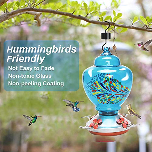 Mingyall Glass Hummingbird Feeder with Perch, Colorful Humming Bird Feeders for Outdoors 0.45 Gallon Nectar Capacity Include Hanging Wires and Moat Hook, Brush