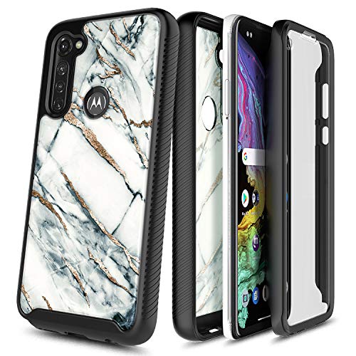 E-Began Case for Motorola Moto G Stylus, Moto G Pro (2020 Release), Full-Body Protective Rugged Black Bumper Cover with Built-in Screen Protector, Marble Design, Shockproof Resist Durable Case -White
