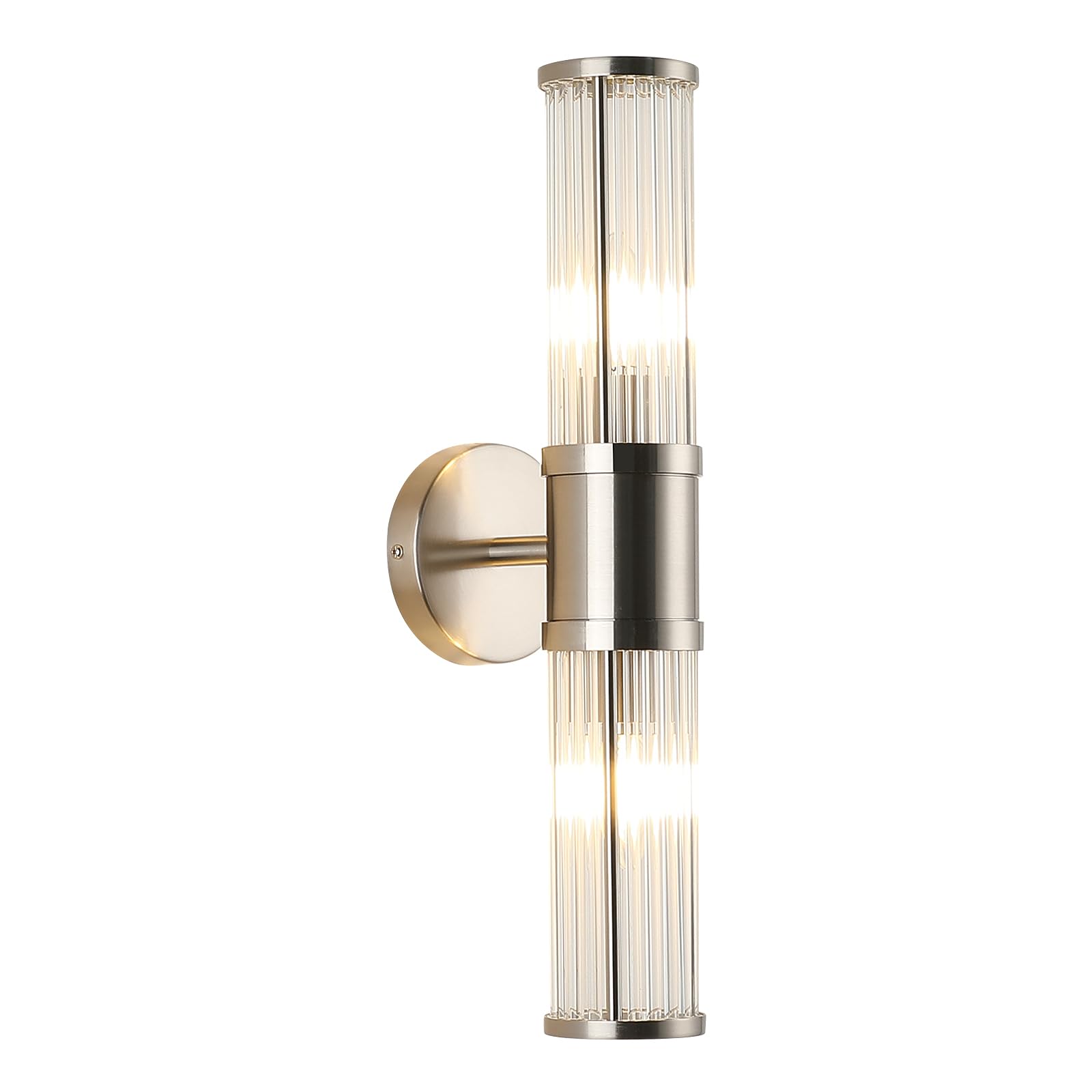 Photo 1 of ECOBRT Brushed Nickel Wall Sconce with Glass Rods - Modern Industrial Vanity Light Fixture, E12 Candelabra Base for Bathroom, Bedroom & Hallway (Bulbs Not Included)