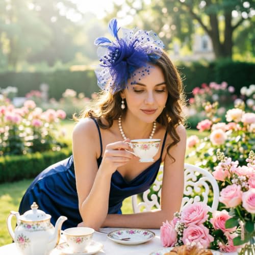 Image of DRESHOW Fascinators Hat Flower Mesh Ribbons Feathers on a Headband and a Clip Tea Party Headwear for Girls and Women