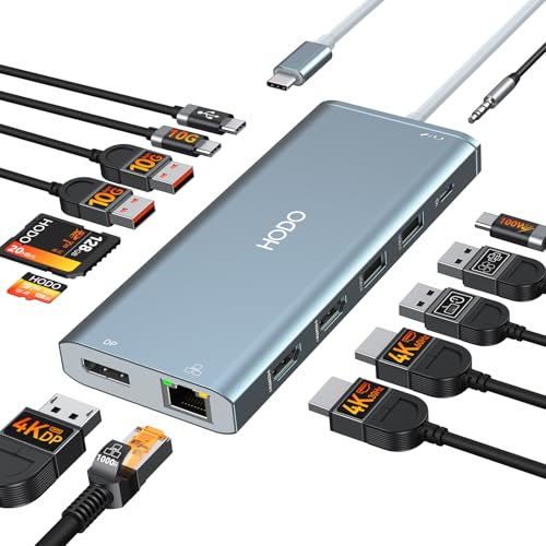 HODO Dockingstation Laptop 2 Monitore, Triple Display Docking Station USB-C Hub 14 in 1 mit Dual HDMI, DisplayPort, 10Gbps USB C/A, Ethernet, PD 100W, SD TF Kartensteckplatz
