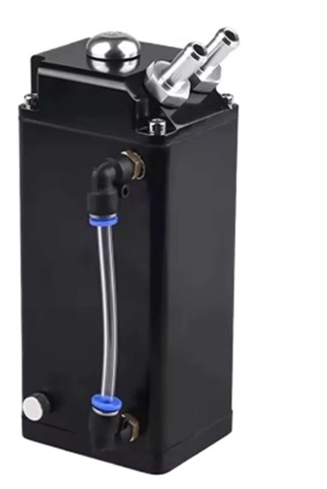 Lata de captura aceite con forma motor coche, depósito tanque aluminio cuadrado 2 puertos filtro aire y accesorios manguera silicona Depósito de refrigeración(Black)