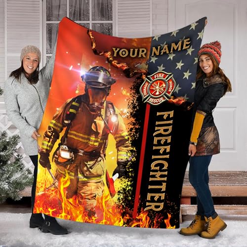 Piratify Personalized Name Firefighter Blanket, Fire Department Blanket, Firefighter Blankets for Men Women, Firefighter Throw Blanket (Multi 3)