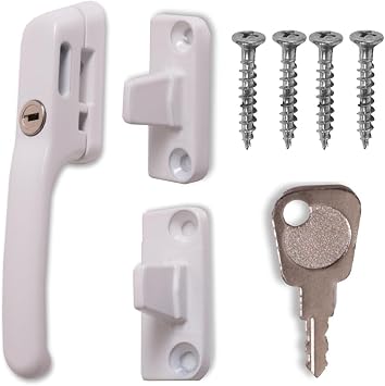 Fastener Casement Window Handle for Timber Surfaces | with Key, Mount/Wedge and Screws for Easily Installation and Security 1, White