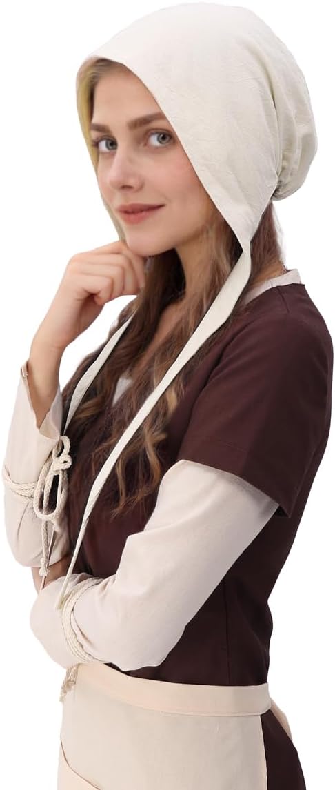 DAZCOS Medieval Fantasy Coif Hat for Women Vintage Washed Crinkle Hood Headwear Soft Lolita Cosplay Head Scarf