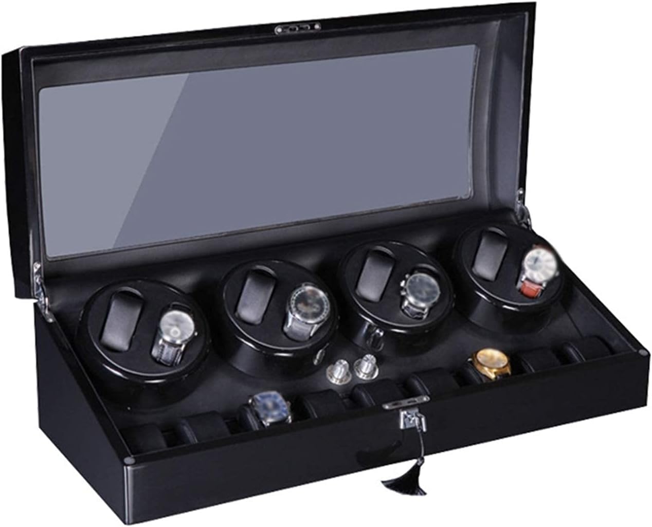 FENOKD Watches and Jewelry Black Watch Winder Box 8 Automatic Watches + 9 Storage PU Leather, Super Quiet Japanese Motor, fit L