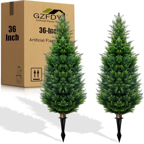 3Ft Artificial Cedar Topiary Trees (2-Pack) - UV Resistant Fake Shrubs with Ground Spike for Outdoor & Indoor Use, Front Porch, Garden Decor