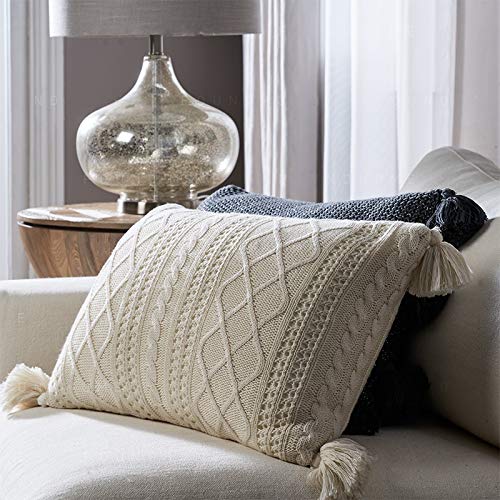 Lumbar Decorative Throw Pillow Cover 100% Cotton Sweater Knit Cushion Case With Tassels For Couch, Chair, Bed And Home Accent Decor Beige (12 X 20 Inch / 30 X 50 Cm) #TOP1