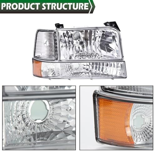Image of GRAND ORANGE Headlights Compatible with Ford F150 Bronco 1992-1996 Chrome | Headlamps Assembly,w /Corner Signal Lamp & Bumper Lamps,Fit F250 F350 1992-1997,Clear Lens Chrome Housing Amber Reflector