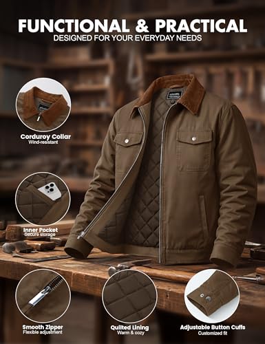 Image of Cotrasen Men's Washed Cotton Work Jacket Quilted Lined Workwear Jackets