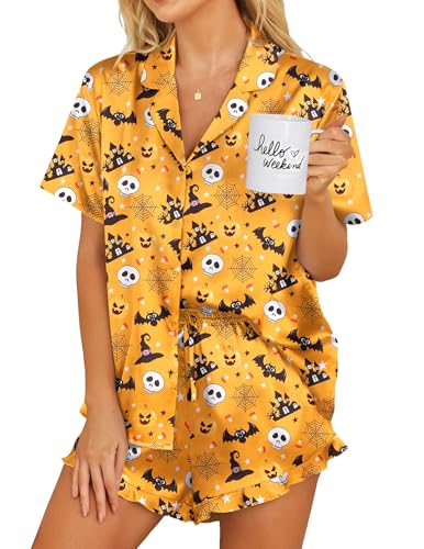 Image of Ekouaer Womens Satin Pajamas Set Button Down 2 Piece Silk Pjs Shorts Set Ruffle Lingerie Notch Collar Sleepwear