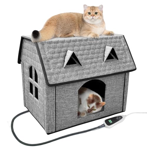 GOLOPET Indoor Heated Cat House Adjustable Temperature Cat Heating Bed with Timer and Chew Resistant Cord Cat House with Heating Pad for Small Medium Cats