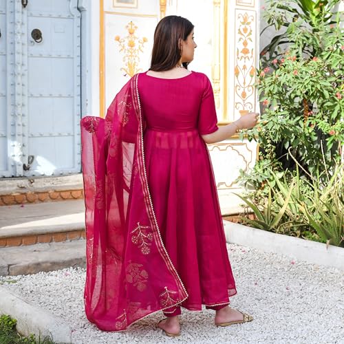 Image of GoSriKi Women's Rayon Viscose Embroidered Anarkali Kurta with Pant & Dupatta