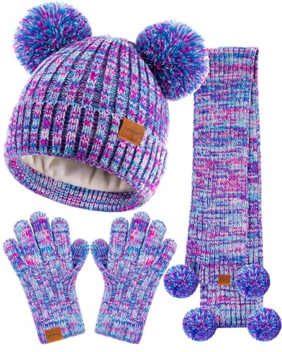 Kids Winter Hat Gloves Scarf Set, Girls Toddler Children Beanie with Pom Knit Neck Warmer Gaiter Mittens Fleece Lined Set（Rose red & Blue Mix）