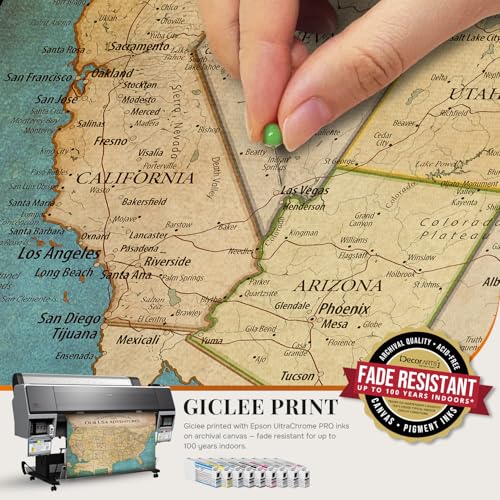 Image of DECORARTS - Personalized Push Pin Travel Map USA, Custom Name, Pin Board Canvas Wall Art, Antique Vintage Old United States Decor, Optional Wood Frame, Giclee Print, Handcrafted in USA, 20x16''
