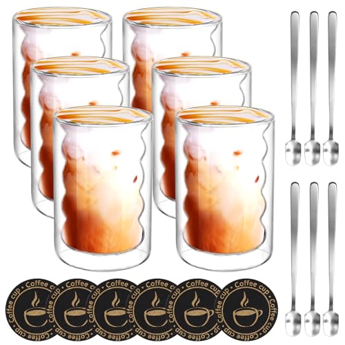 6er Set Doppelwandige GläSer mit 6 Löffeln und 6 Untersetzern, 350ML Doppelwandig aus Borosilikatglas, ThermogläSer für Latte,Tee,EIS,Eistee,Iced Americano