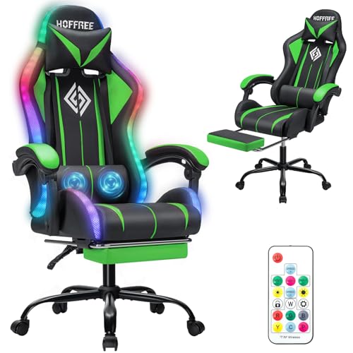 Image of HOFFREE Gaming Chair with LED RGB Lights with Massage and Footrest Ergonomic Computer Chair High Back Video Game Chair with Adjustable Lumbar Support Linkage Armrest Green and Black