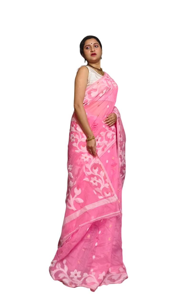Women's Tamarind Leaf Resham Dhakai Jamdani Pure Cotton Handloom Saree Design Without Blouse Piece-picture-10