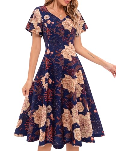 Image of HomRain Wedding Guest Dresses for Women Vintage Short Sleeves Casual Fit and Flare Cocktail Formal Dress for Tea Party