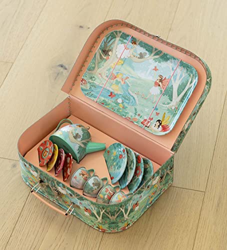 Hearthsong 15-Piece Fairy-Themed Tin Tea Set With Lidded Teapot, Includes Teapot, 4 Plates, 4 Cups, 4 Saucers, Serving Tray And Carrying Case #TOP7