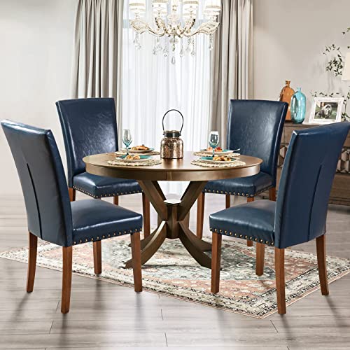 Image of Parsons Dining Chairs Set of 6, Upholstered Nailhead PU Leather Dining Room Kitchen Side Chair with Thick Cushions and Wood Legs, Blue